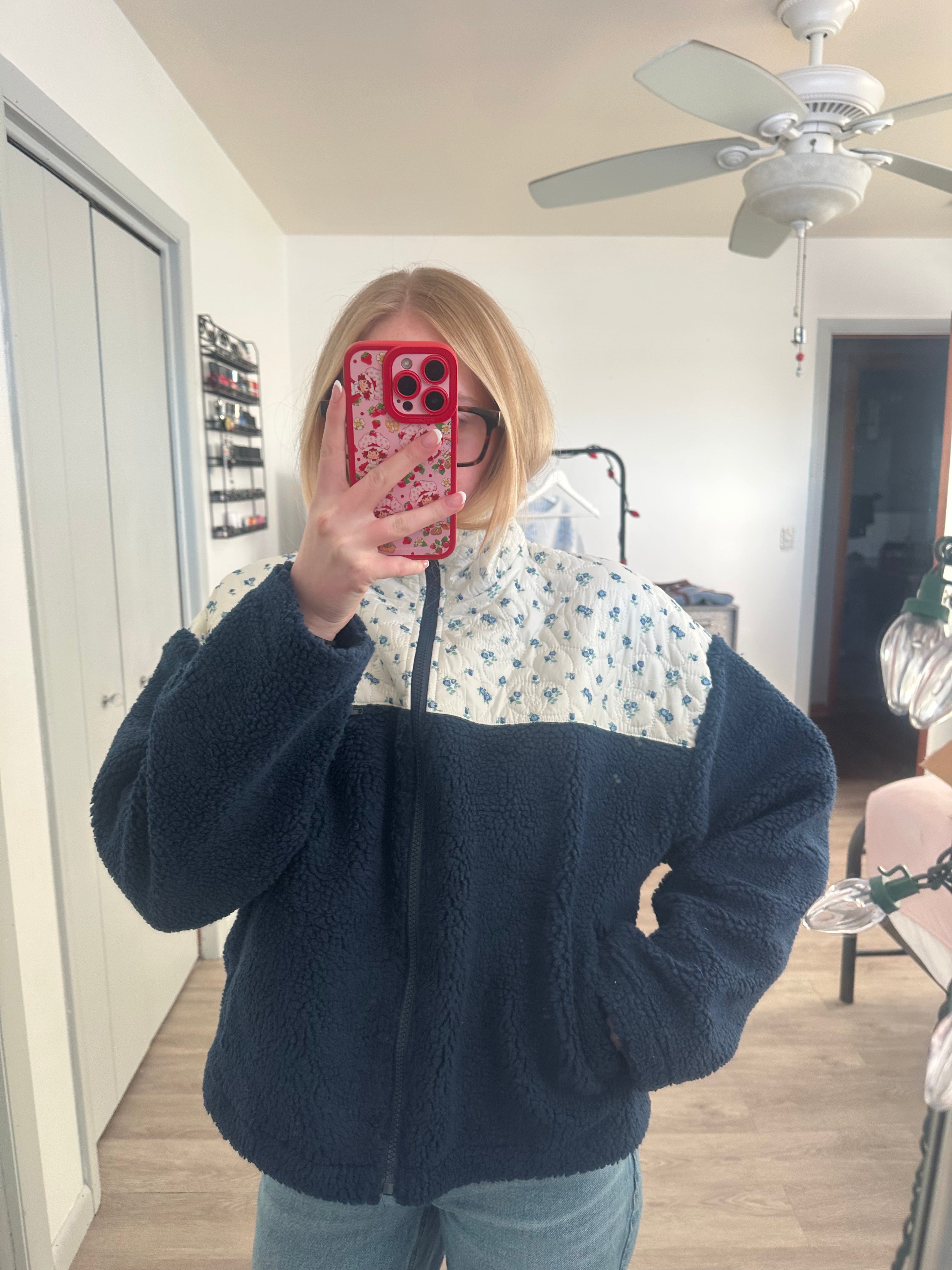 Navy Floral Print Contrast Detail Fleece