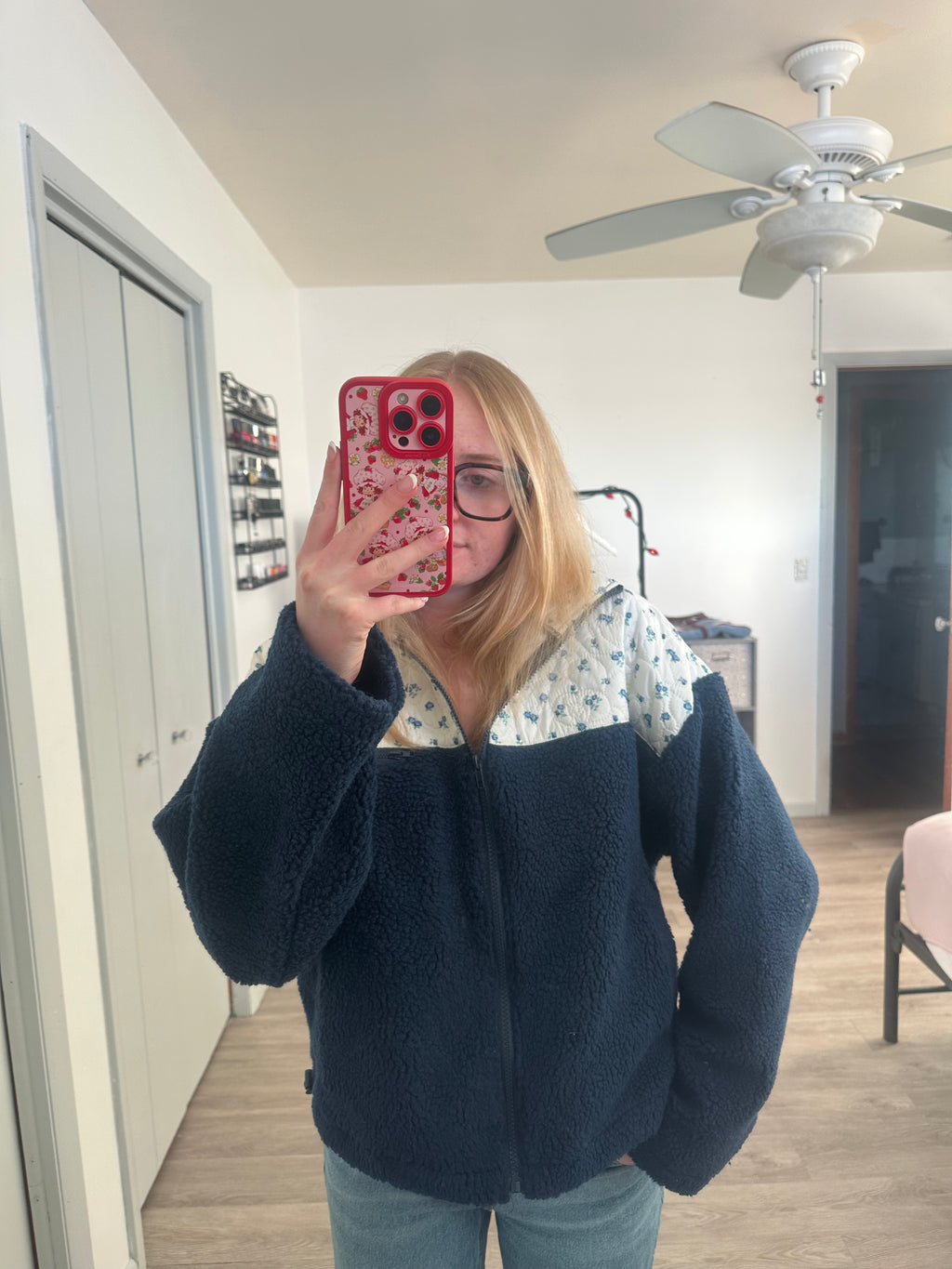 Navy Floral Print Contrast Detail Fleece