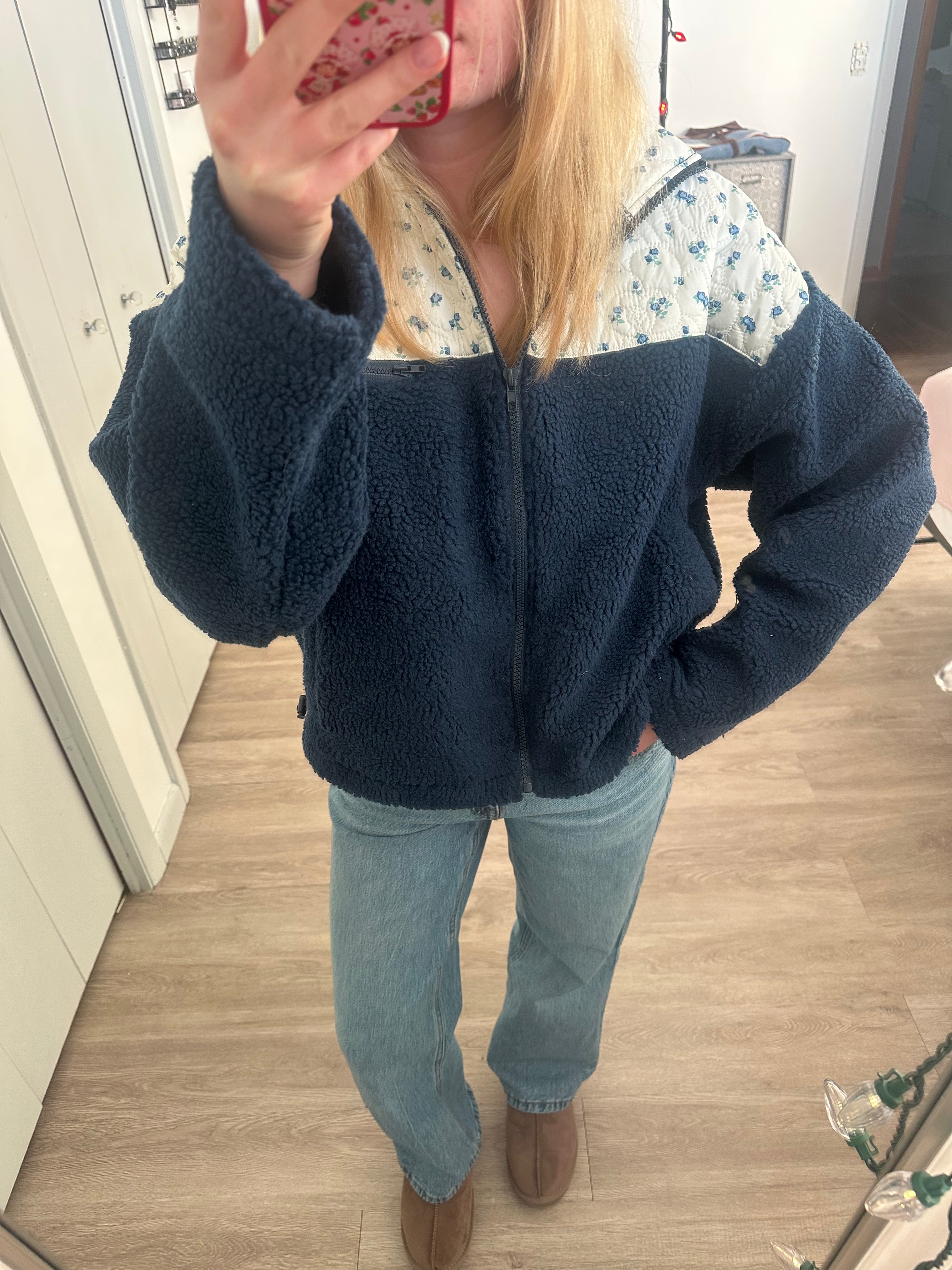 Navy Floral Print Contrast Detail Fleece