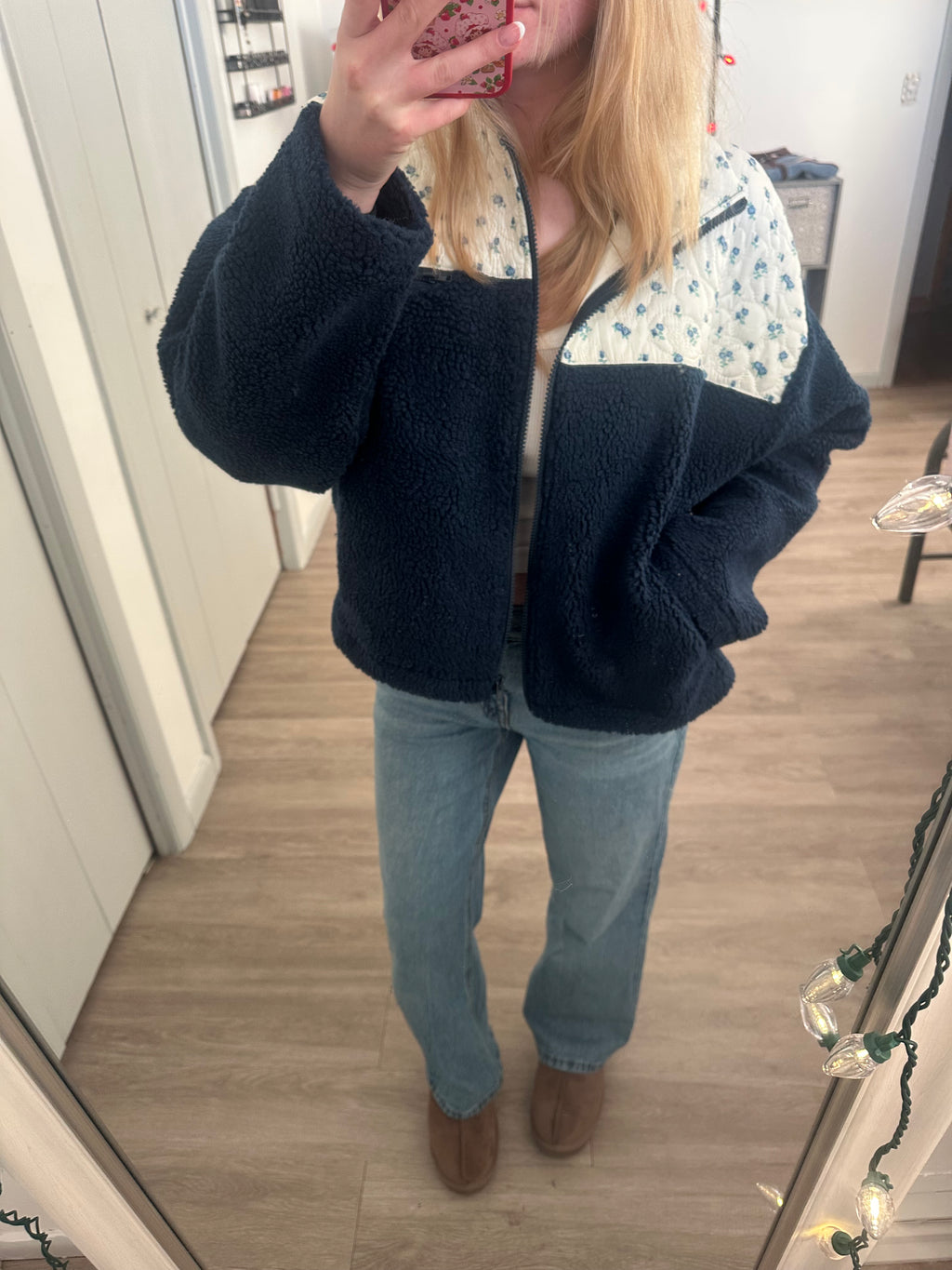 Navy Floral Print Contrast Detail Fleece