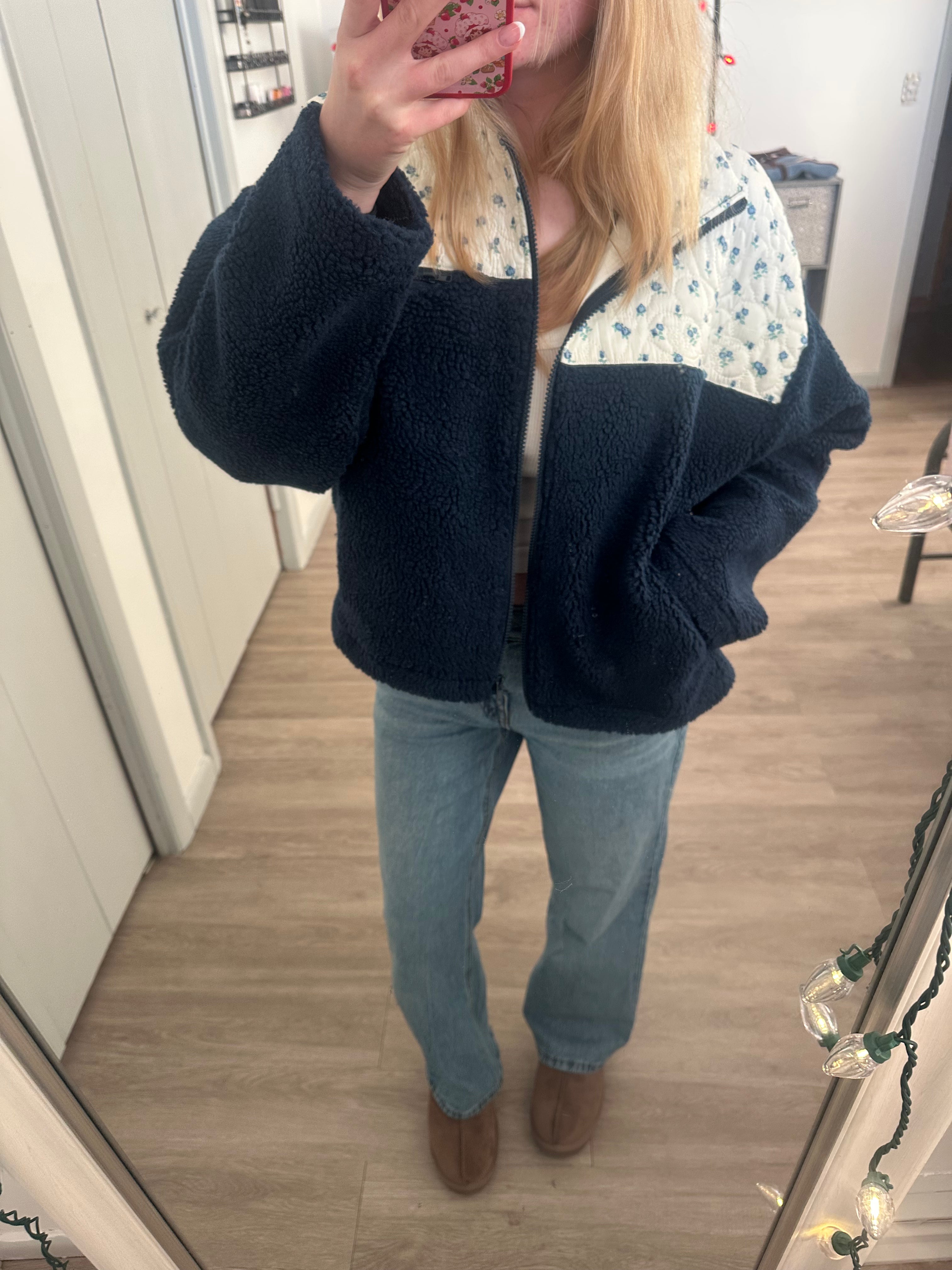 Navy Floral Print Contrast Detail Fleece